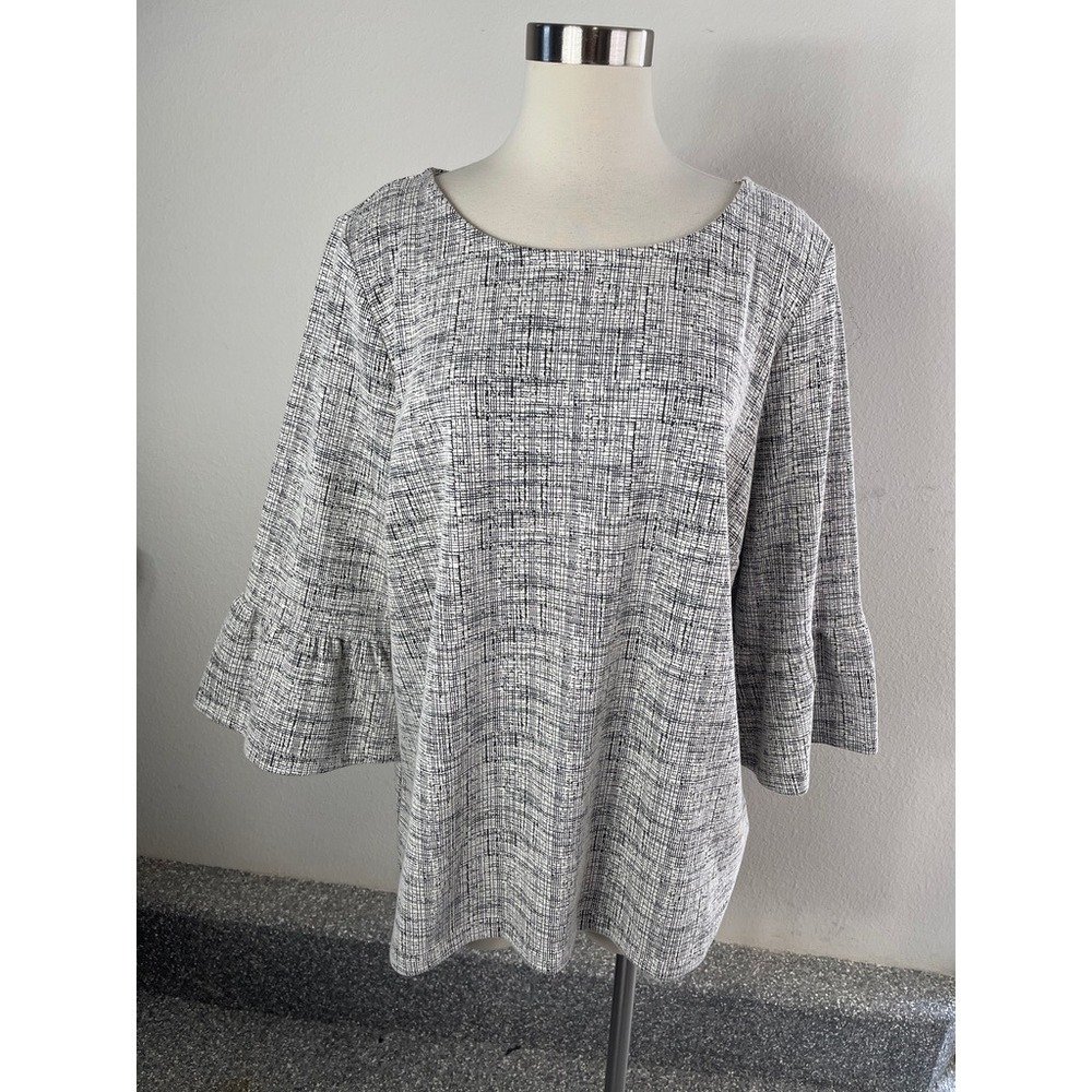 Talbots Plus 2X Black White Grid Textured Knit Bell Sleeve Tunic Top Shirt